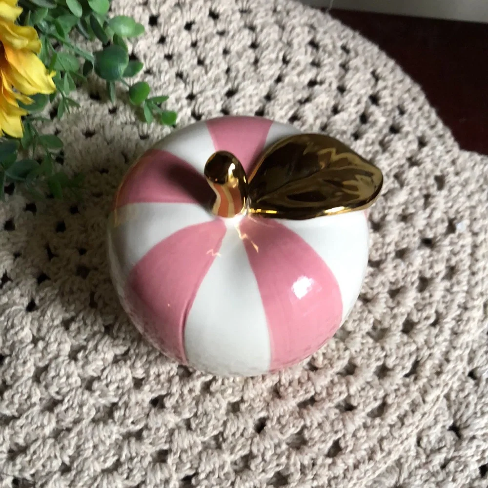 Pink and White Striped Ceramic Apple with Gold Stem